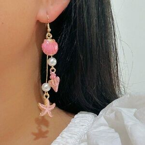 Enameled dangle earrings starfish sea creatures shells pearls mermaid
